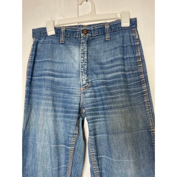 Vintage Red Snap Flare Jeans 1970s High Waist Wide Leg Bell Bottom Jeans Size 6 - Picture 2 of 16